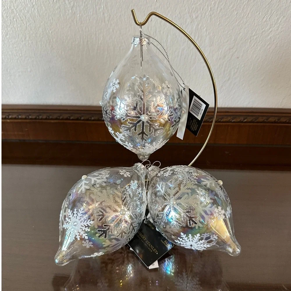 Robert Stanley Iridescent Glass Snowflake Ornaments Set of 3 Teardrop 6'' Jumbo